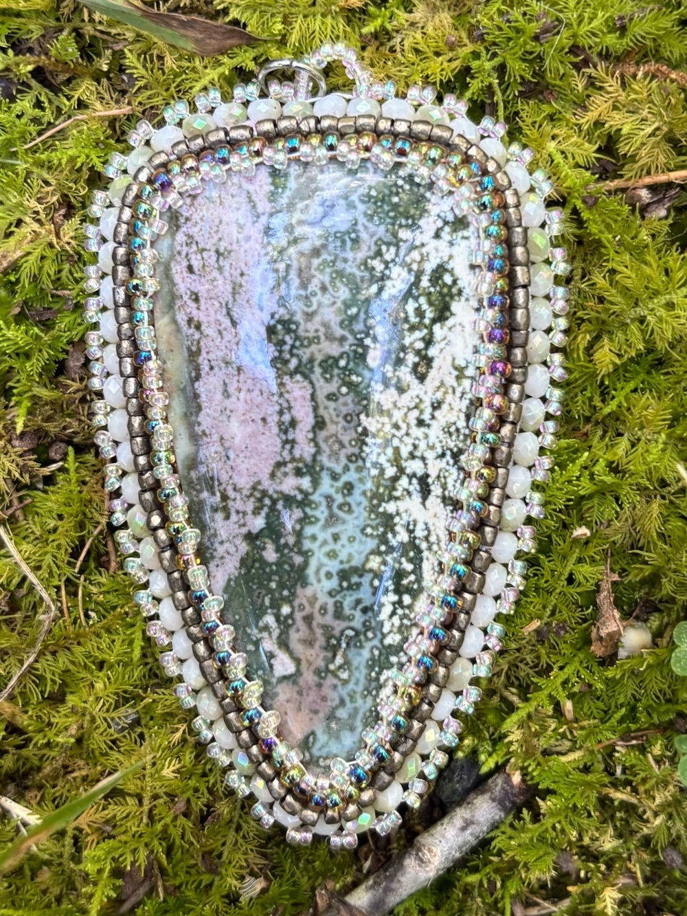 Handmade Beaded Seafoam Ocean Jasper Pendant OOAK